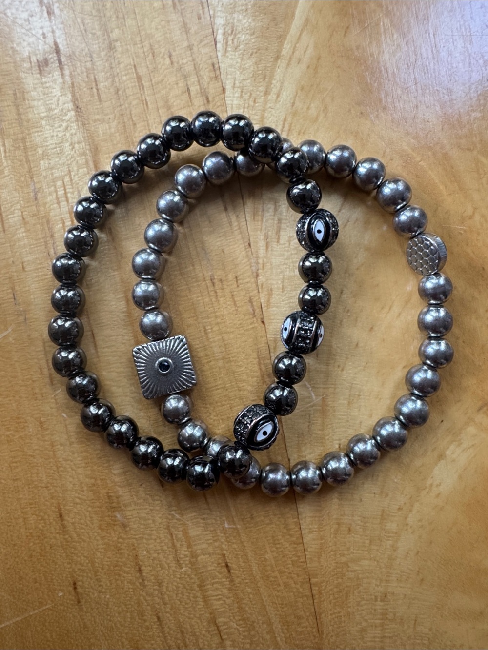 Evil Eye Beaded Stretch Bracelet Set in Shiny Hematite and Gunmetal